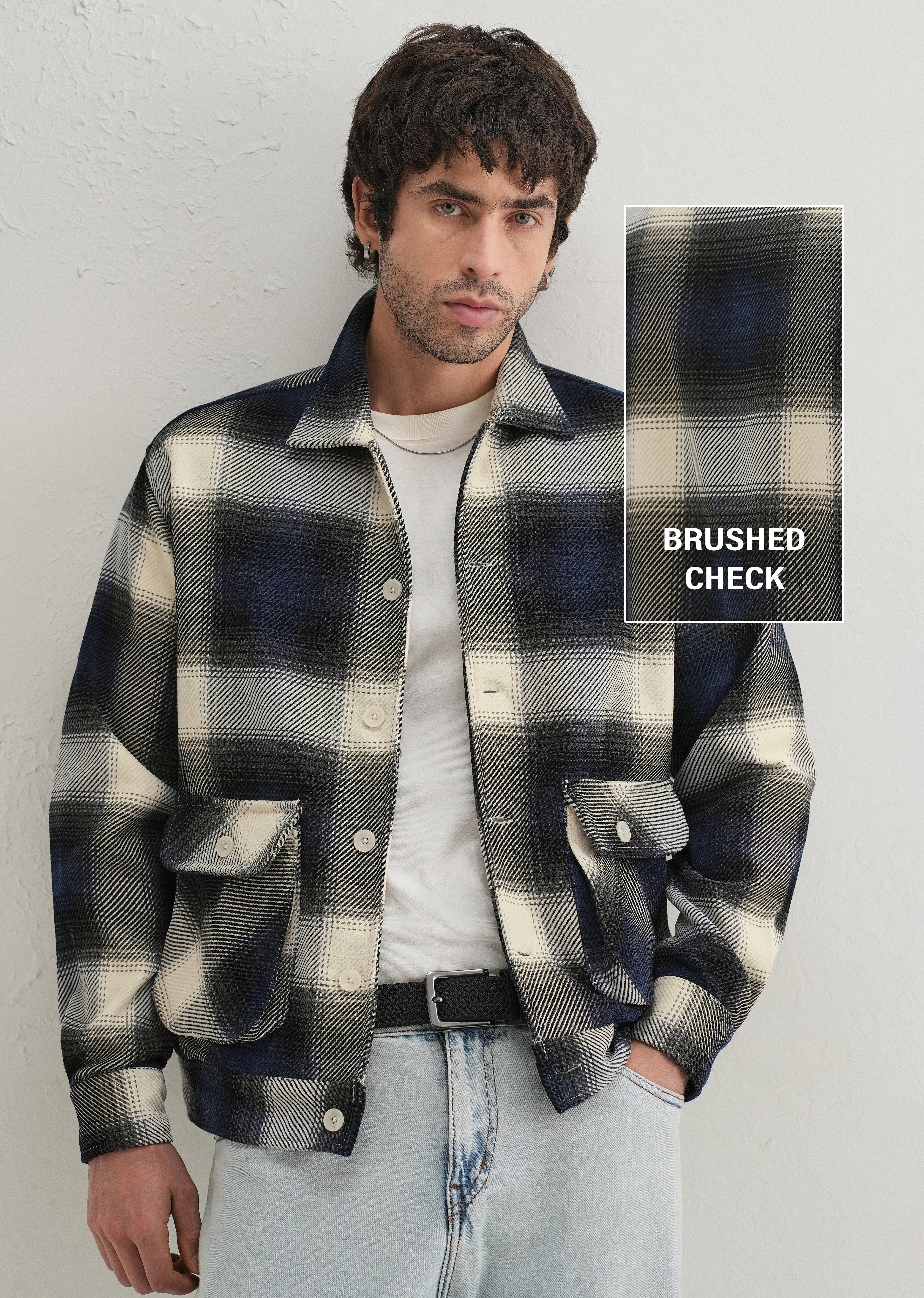 Black Brushed Check Utility Shacket