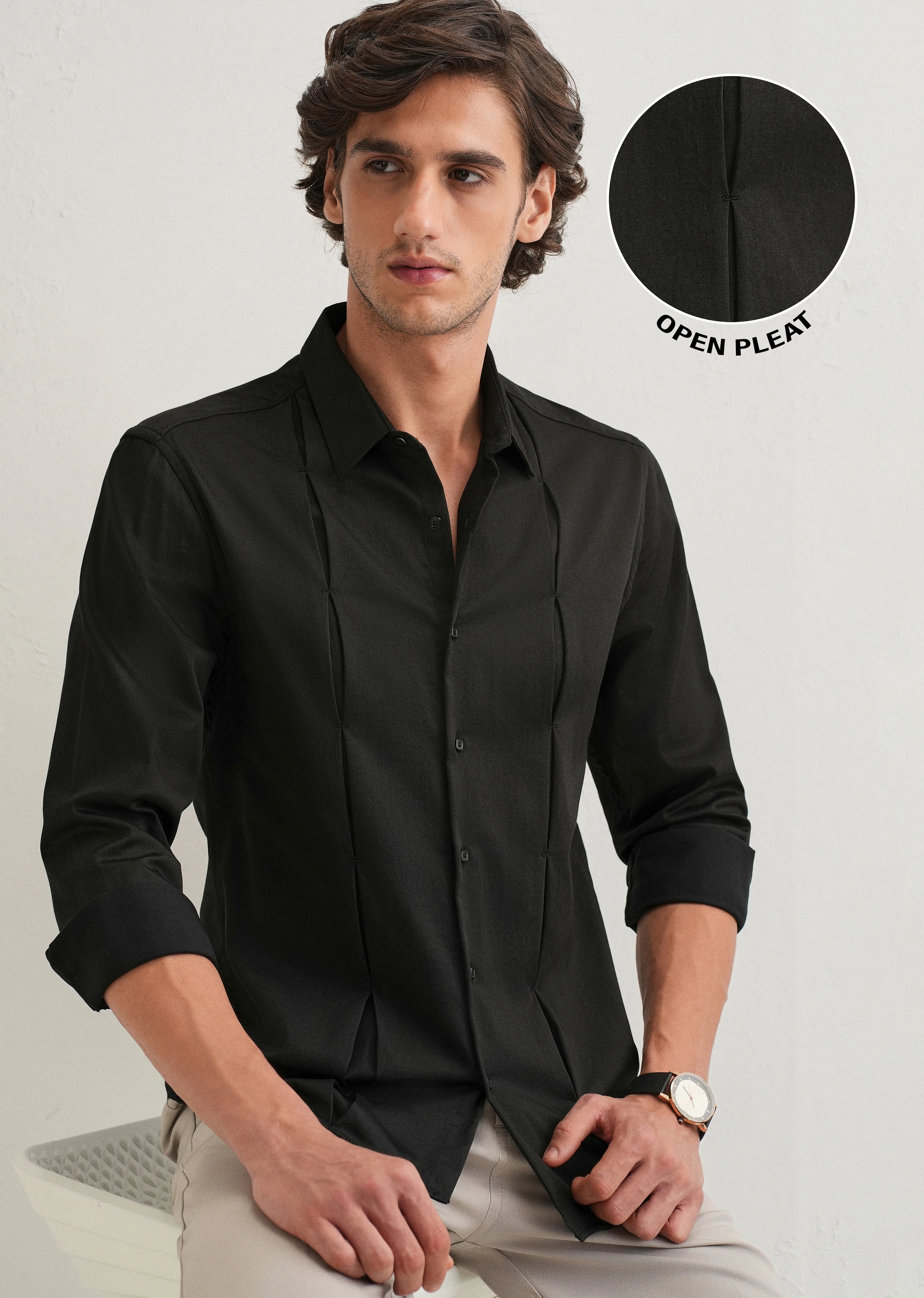 Black Front Panel Open Pleat Shirt