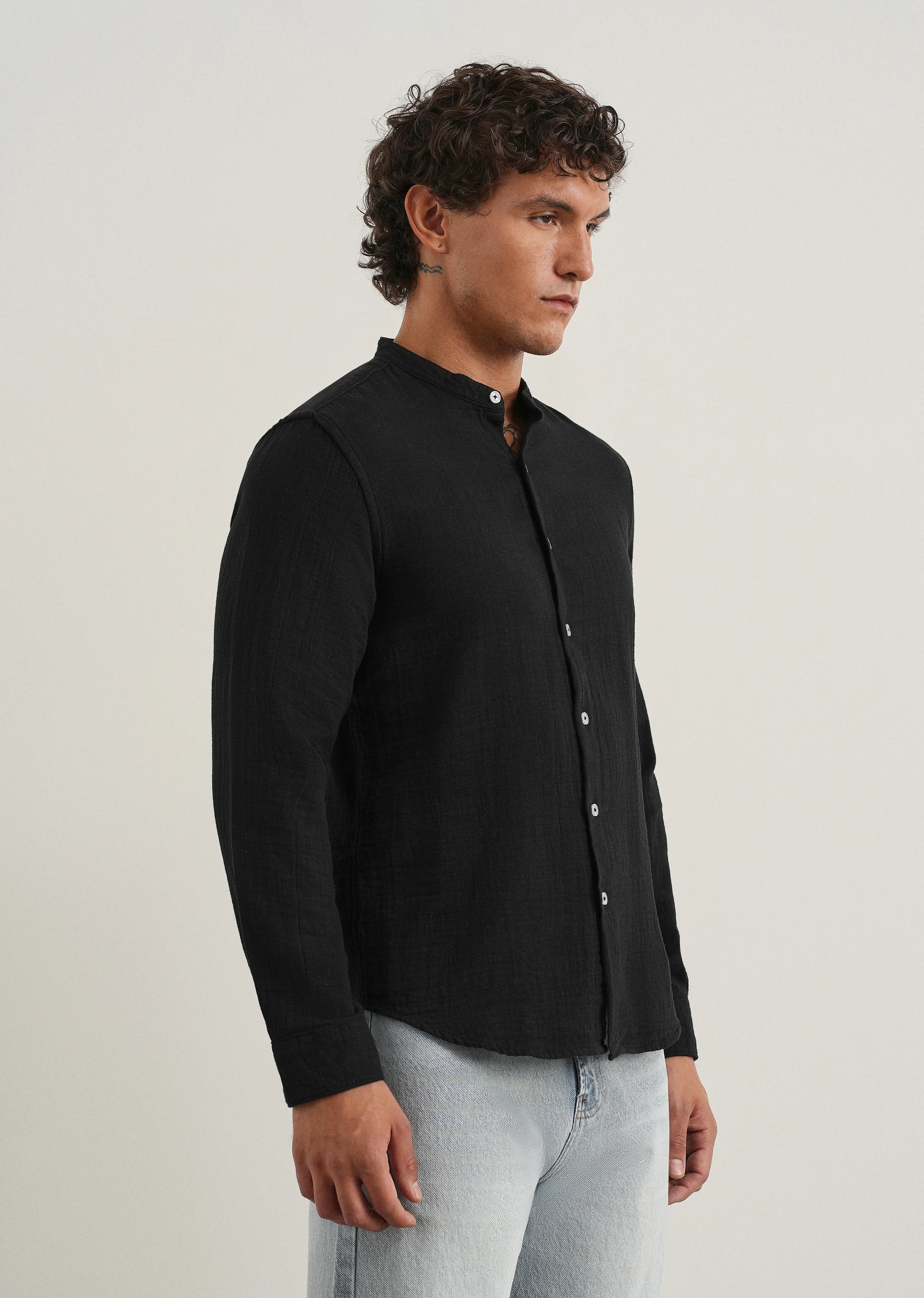 Black Plain Mandarin Collar Cotton Shirt - Image 4