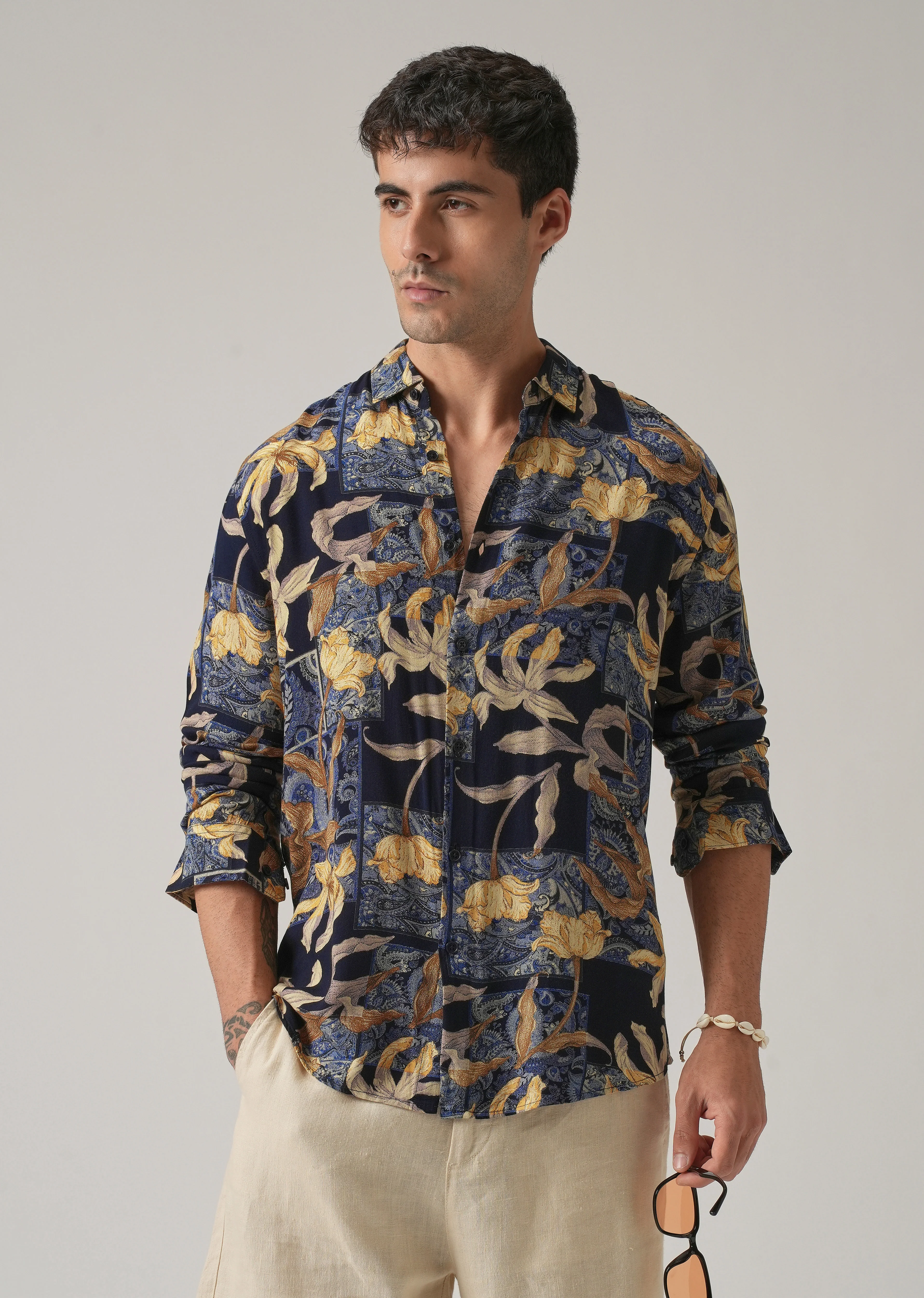 Blue Exotic Lily Print Feather Shirt