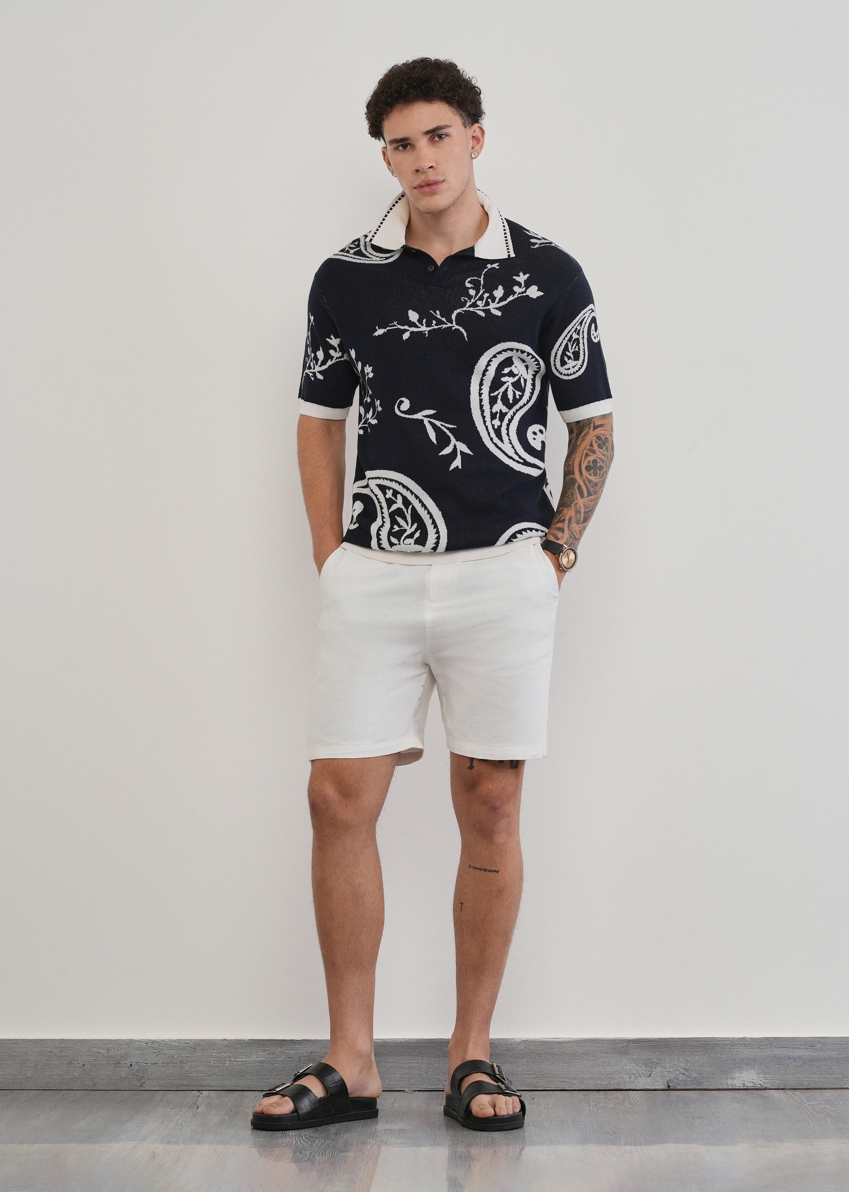 Cotton Navy Paisley Knitted Polo - Image 6