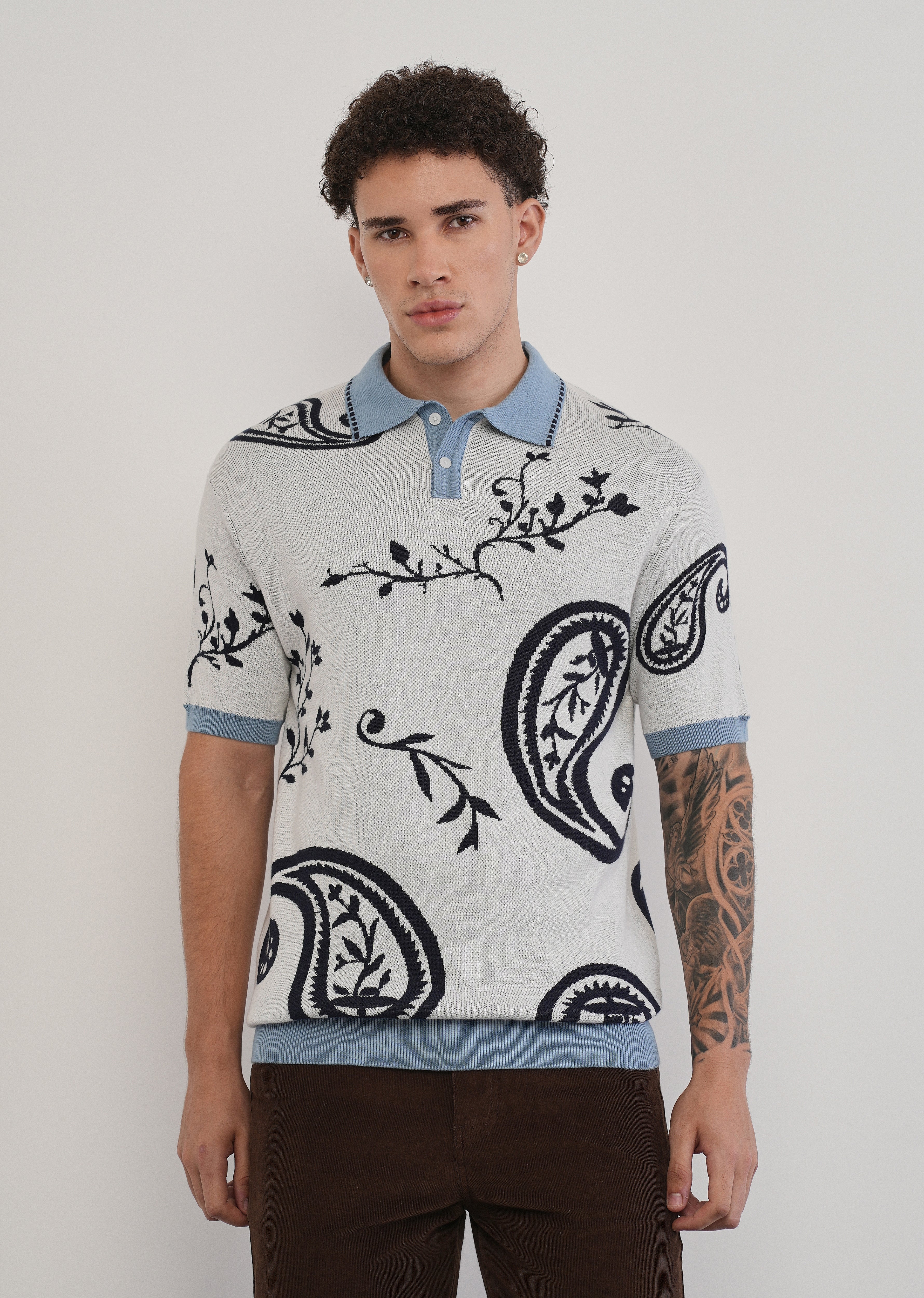 Cotton Off-White Paisley Knitted Polo - Image 3