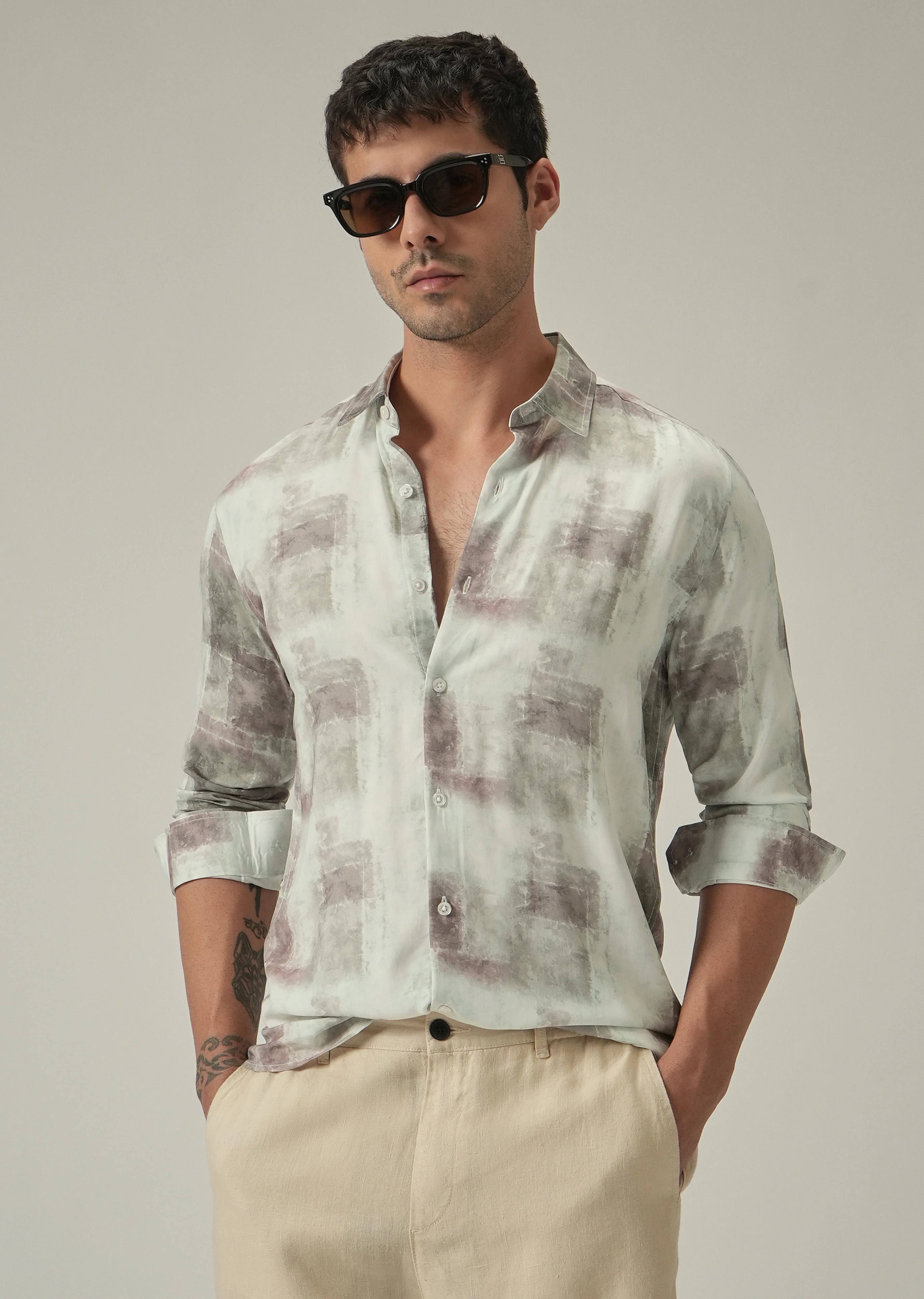 Cream Washed Print Shirt