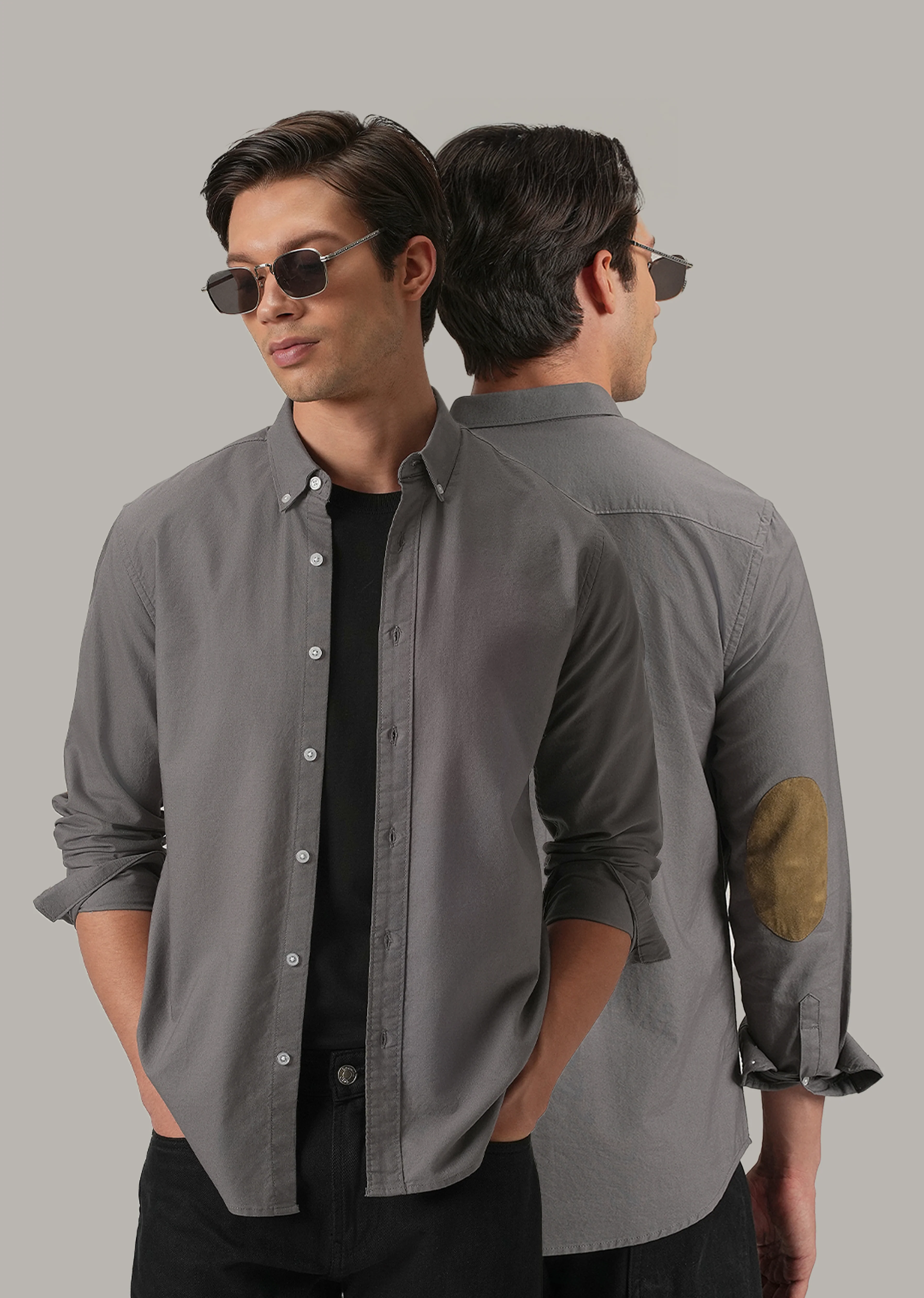 Dark Grey Plain Elbow Patch Oxford Shirt