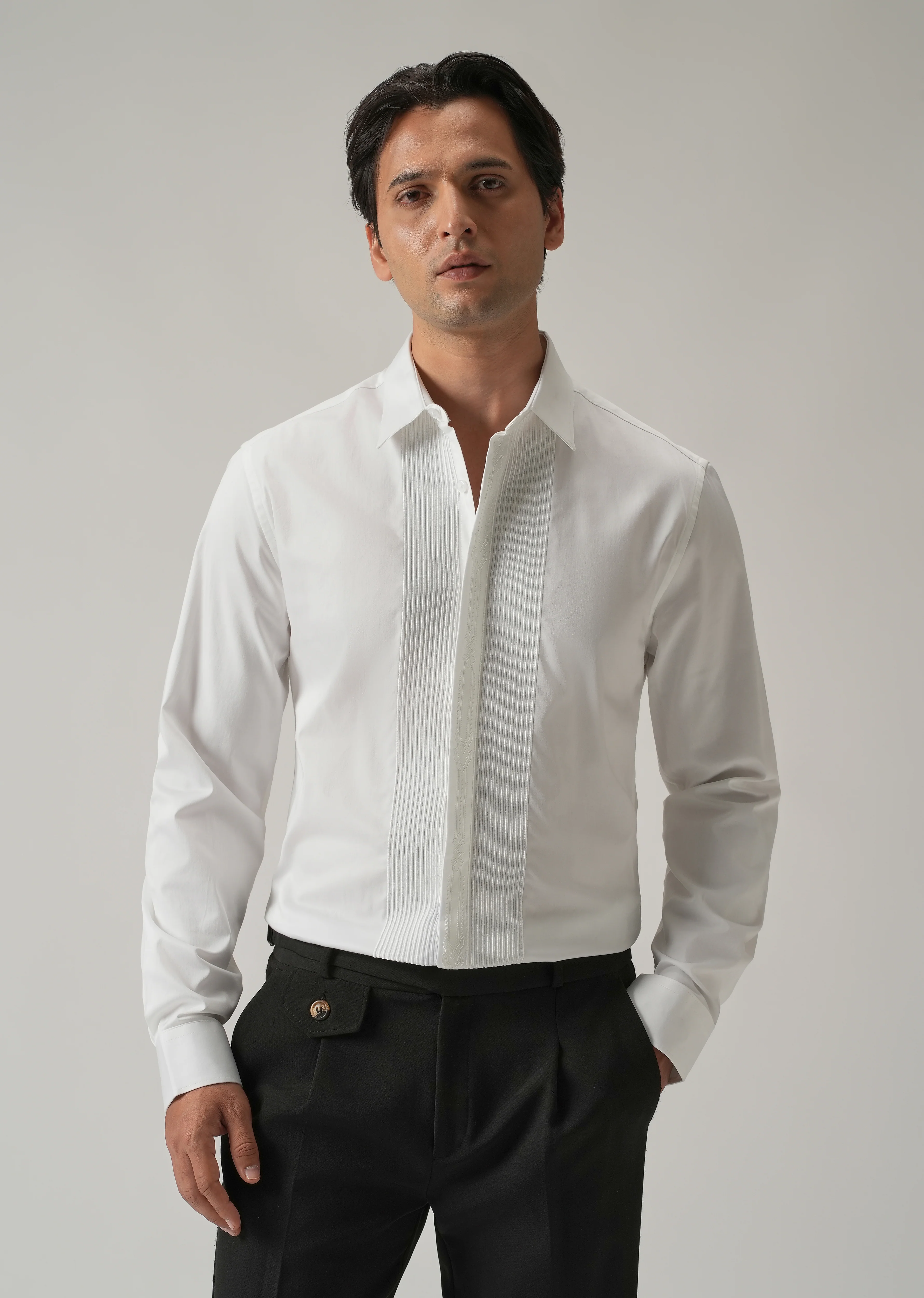 Embroidered Panel White Designer Shirt