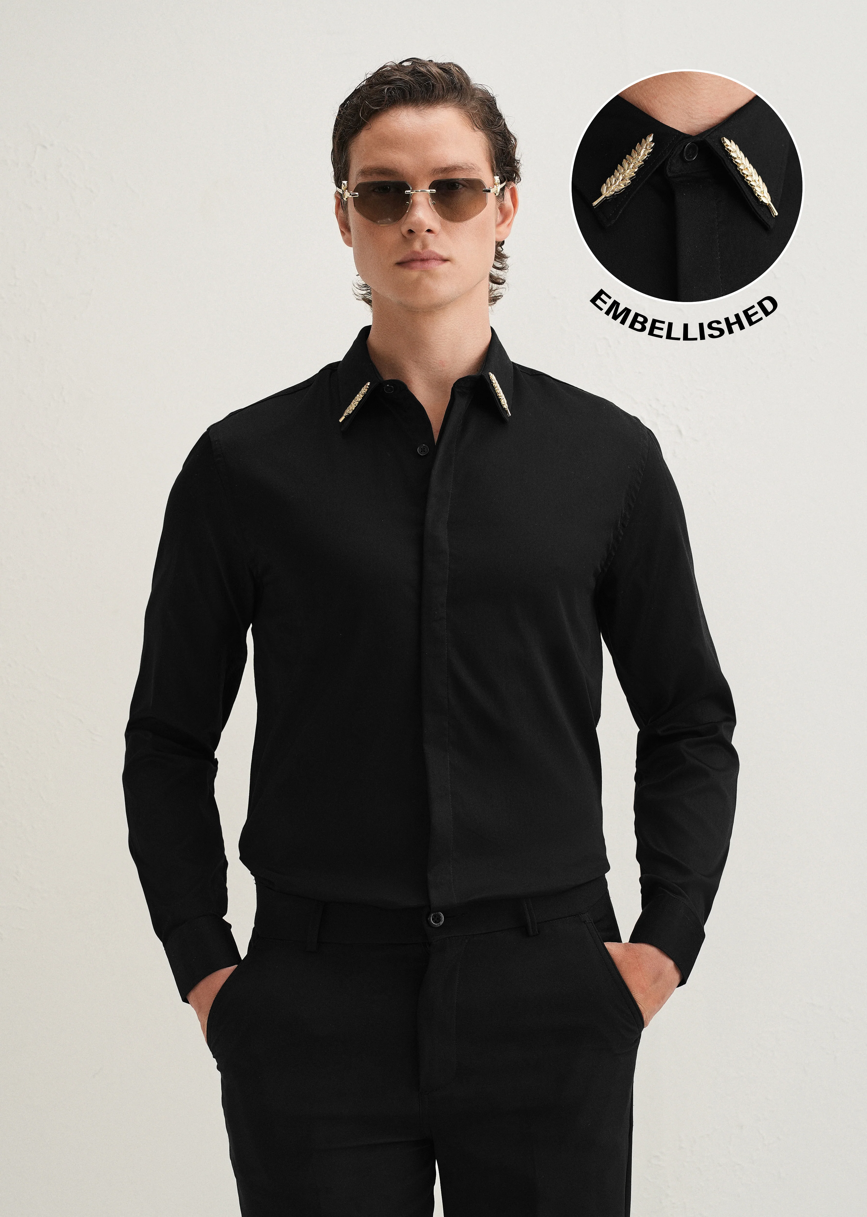 Gold Embellished Collar Black Designer Shirt