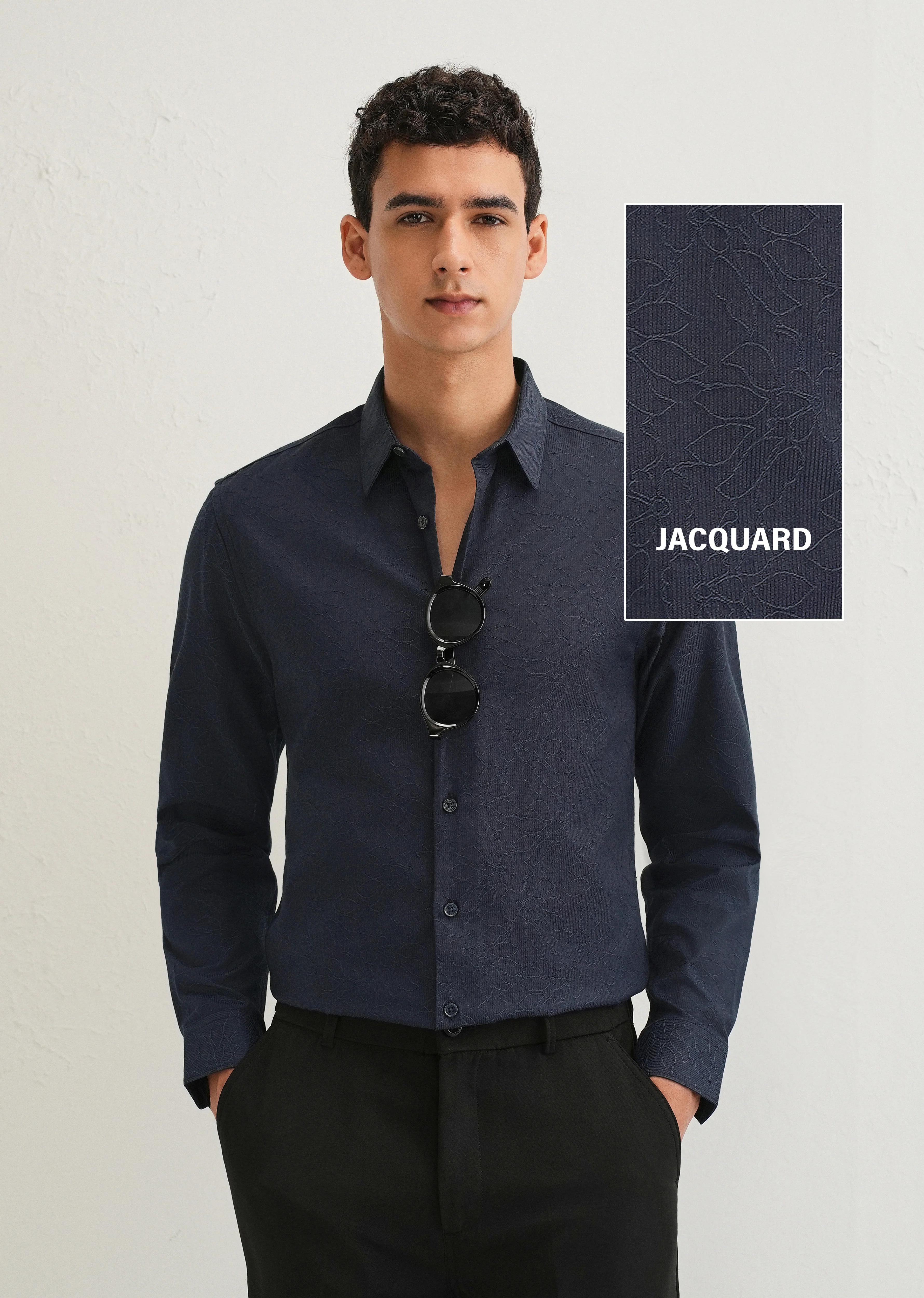 Navy Blue Floral Jacquard Shirt