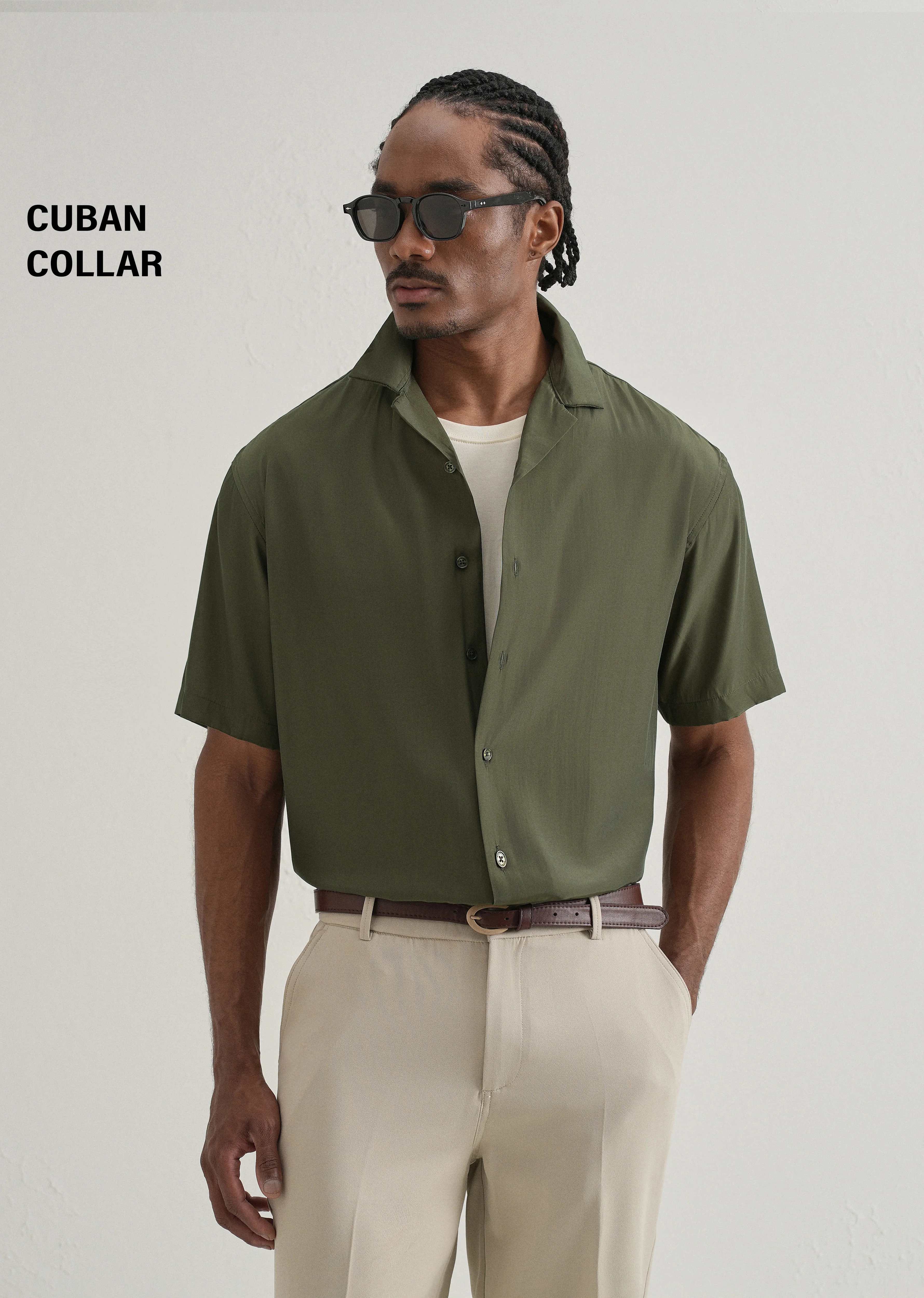 Olive Green Plain Sheen Cuban Collar Shirt