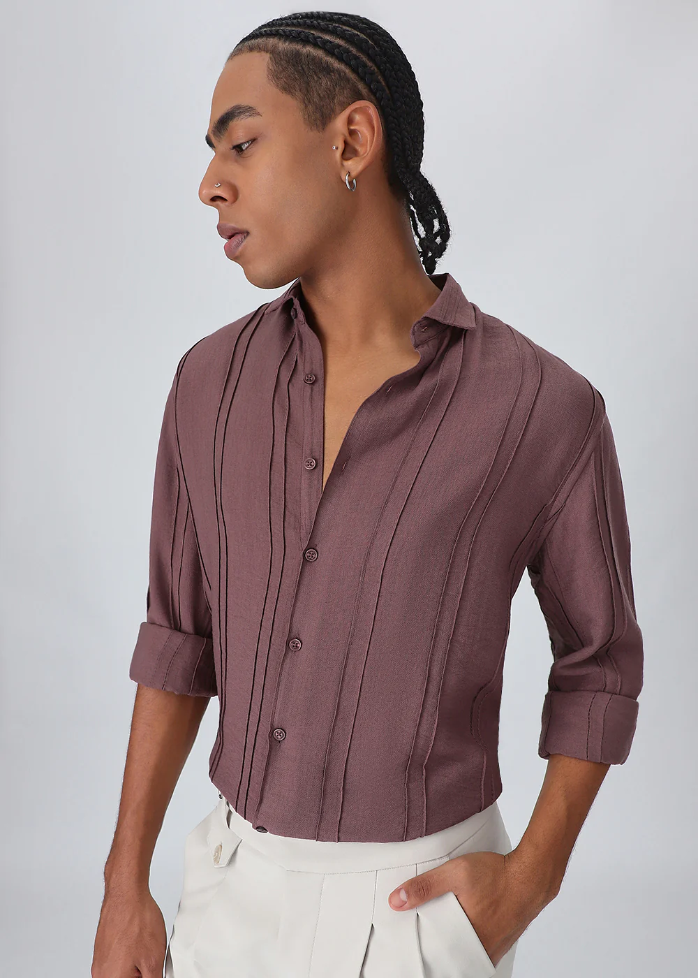 Pintucked Mauve Pink Plain Shirt