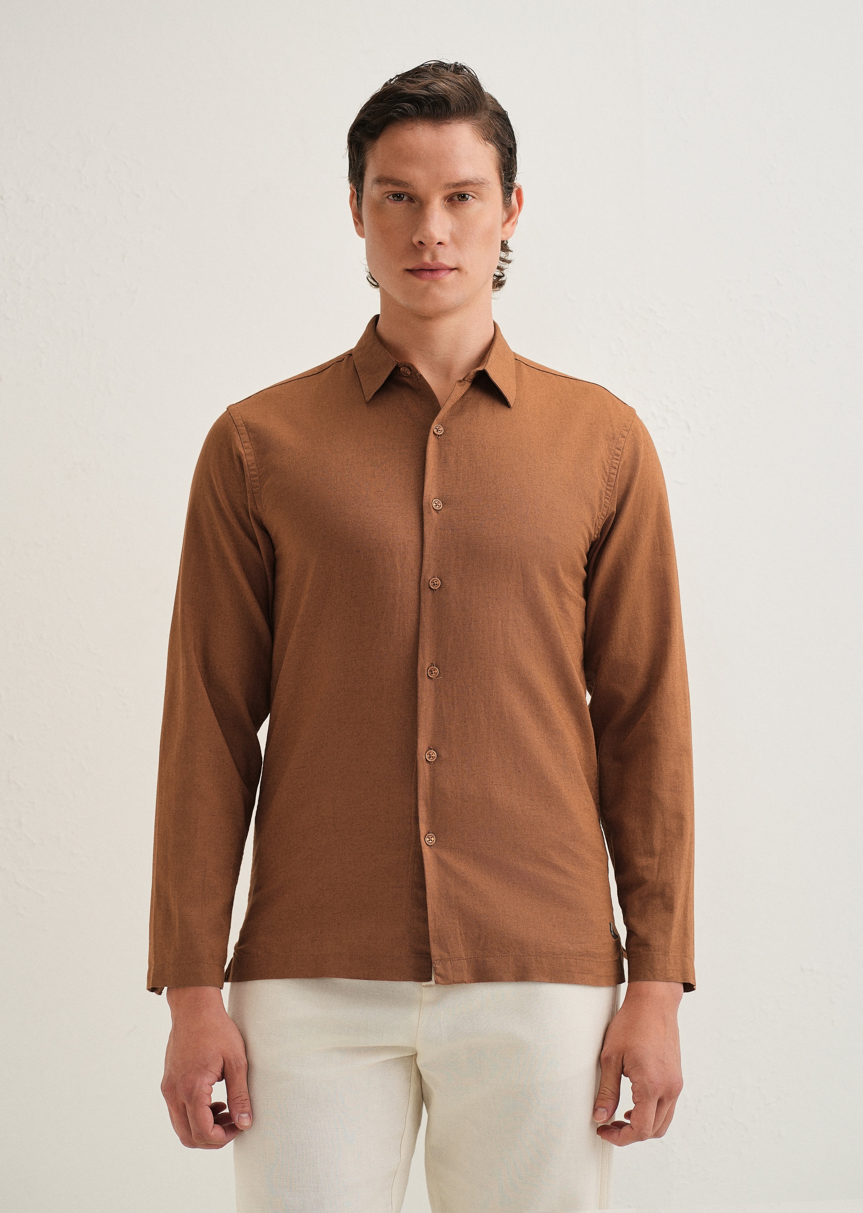 Terracotta Brown Hidden Sleeve Placket Cotton Linen Shirt - Image 3